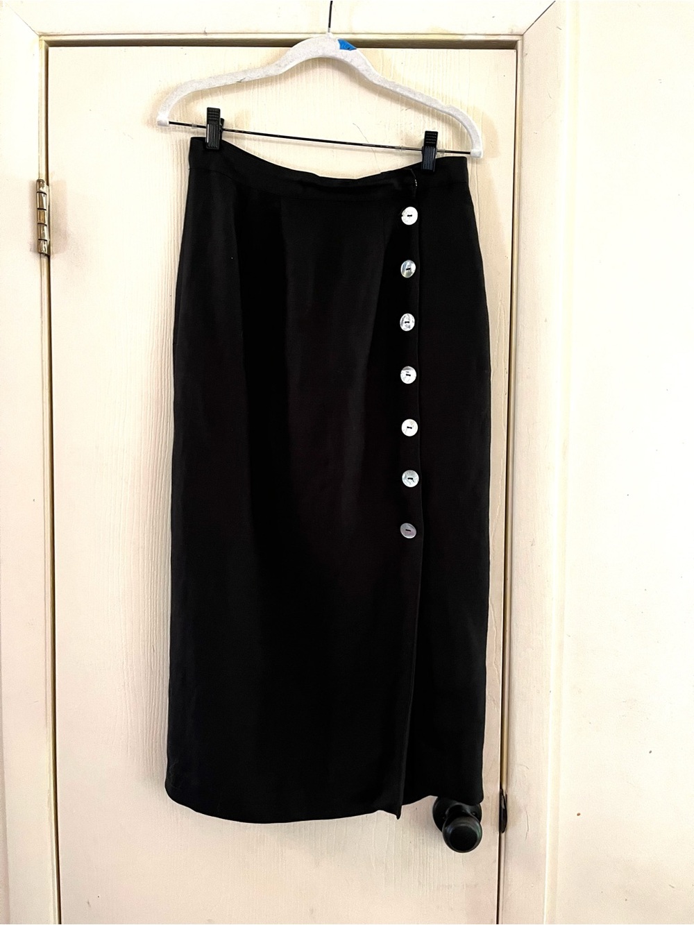 VTG 90s Rayon Linen Minimalist Shell Button Classic Black Spiegel Midi Skirt 10